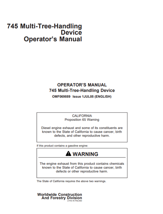 JOHN DEERE 745 MULTI-TREE-HANDLING DEVICE OPERATOR MANUAL OMF069889