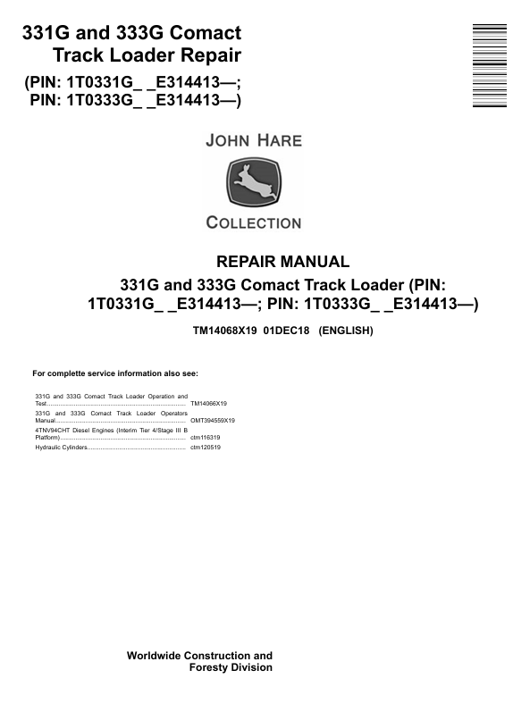 JOHN DEERE 331G, 333G COMPACT TRACK LOADER REPAIR MANUAL TM14068X19