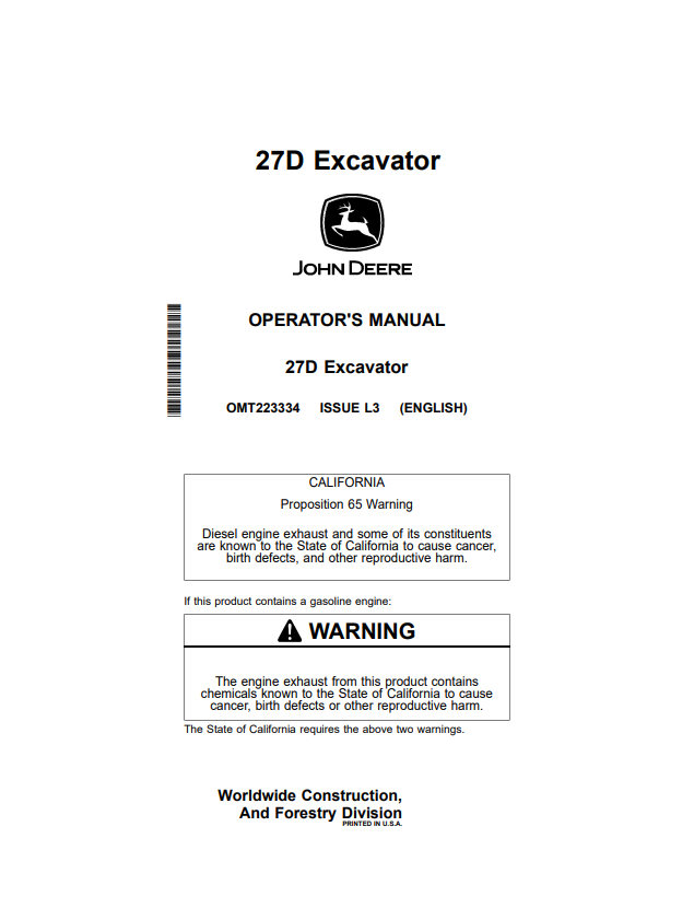 JOHN DEERE 27D EXCAVATOR OPERATOR MANUAL OMT223334