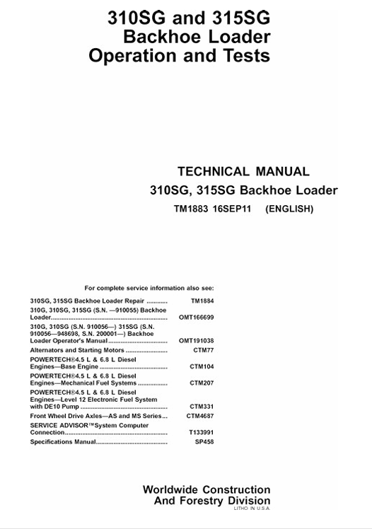 JOHN DEERE 310SG AND 315SD BACKHOE LOADER OPERATION AND TEST TECHNICAL MANUAL TM1883