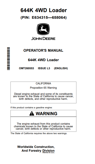 JOHN DEERE 644K 4WD LOADER OPERATOR MANUAL OMT260553
