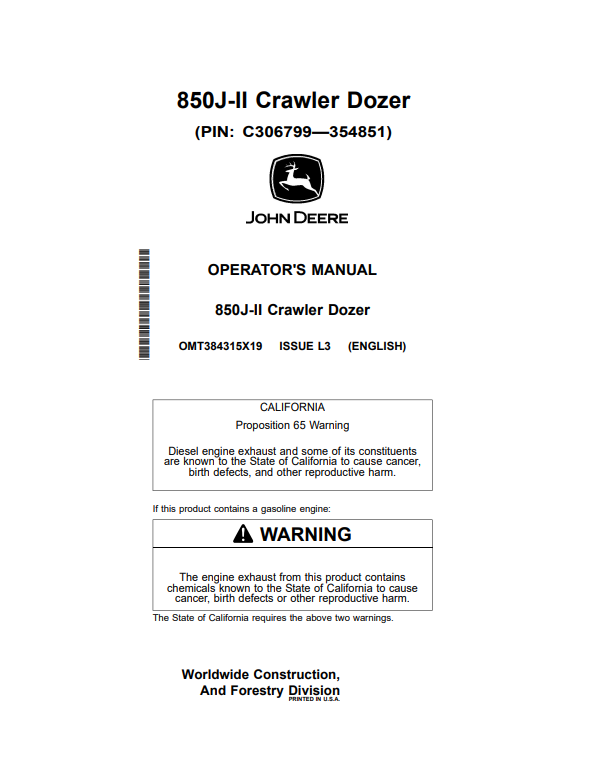 JOHN DEERE 850J-II CRAWLER DOZER OPERATOR MANUAL OMT384315X19