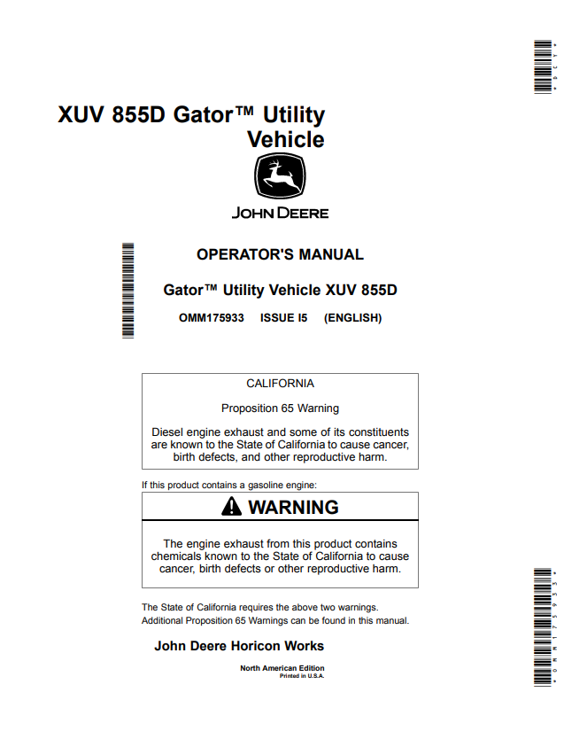 JOHN DEERE XUV 855D GATOR™ UTILITY VEHICLE OPERATOR MANUAL OMM175933