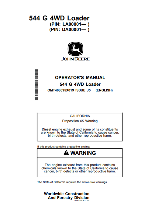 JOHN DEERE 544 G 4WD LOADER OPERATOR MANUAL OMT468695X019