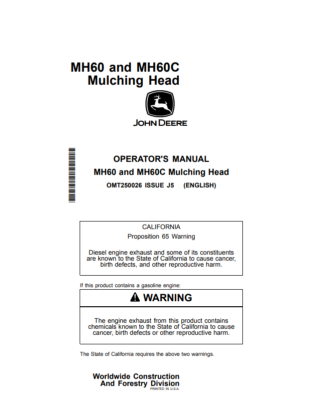 JOHN DEERE MH60 AND MH60C MULCHING HEAD OPERATOR MANUAL OMT250026
