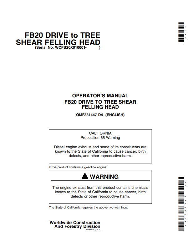 JOHN DEERE FB20 DRIVE TOTREE SHEAR FELLING HEAD OPERATOR MANUAL OMF381447
