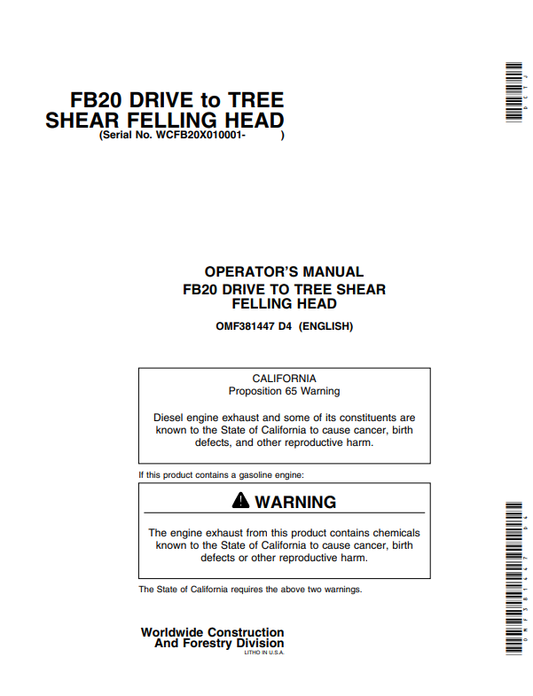 JOHN DEERE FB20 DRIVE TOTREE SHEAR FELLING HEAD OPERATOR MANUAL OMF381447