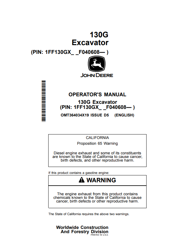 JOHN DEERE 130G EXCAVATOR OPERATOR MANUAL OMT364034X19