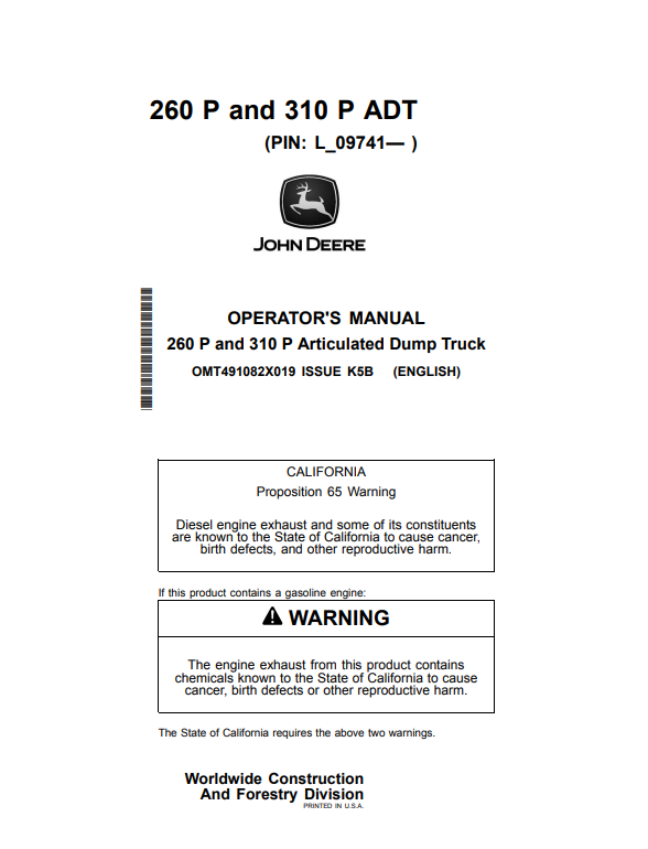 JOHN DEERE 260 P AND 310 P ARTICULATED DUMP TRUCK OPERATOR MANUAL OMT491082X019