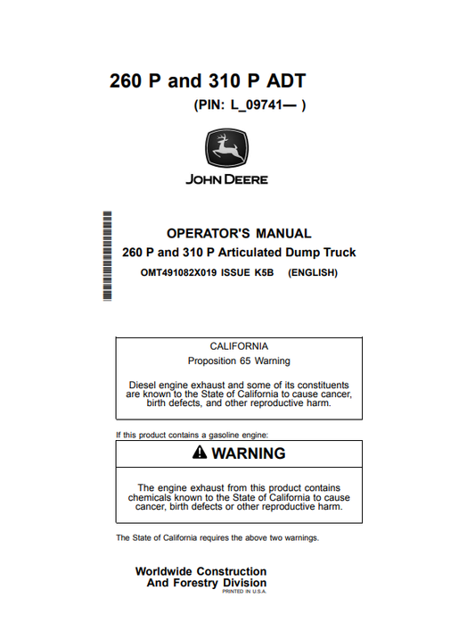 JOHN DEERE 260 P AND 310 P ARTICULATED DUMP TRUCK OPERATOR MANUAL OMT491082X019