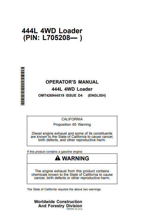 JOHN DEERE 444L 4WD LOADER OPERATOR MANUAL OMT426944X19