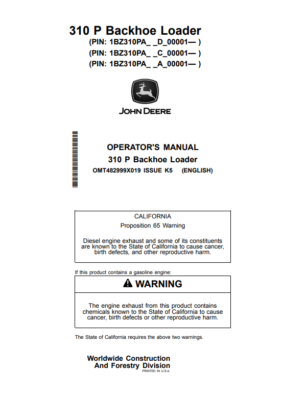 JOHN DEERE 310 P BACKHOE LOADER OPERATOR MANUAL OMT482999X019