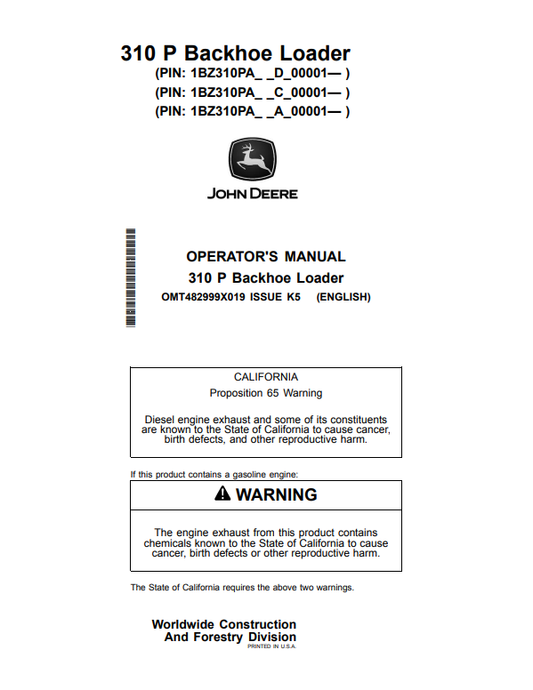 JOHN DEERE 310 P BACKHOE LOADER OPERATOR MANUAL OMT482999X019