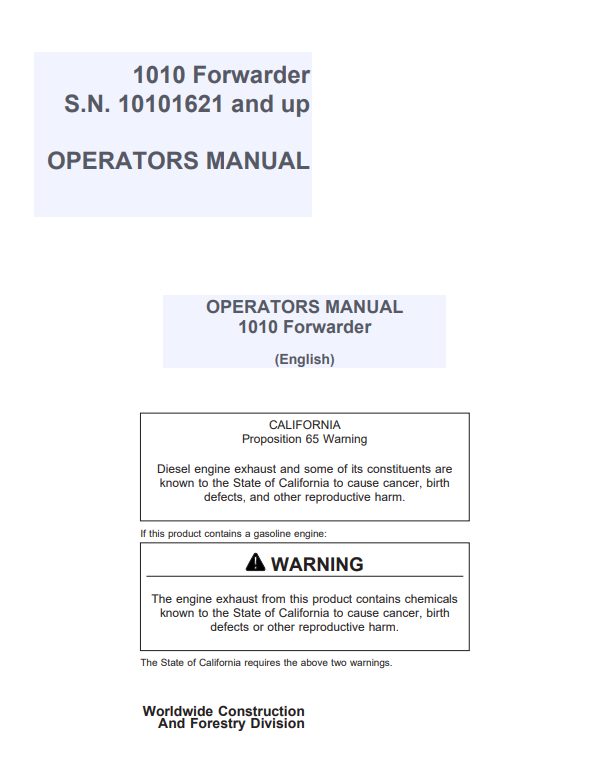 JOHN DEERE 1010 FORWARDER OPERATOR MANUAL F041519