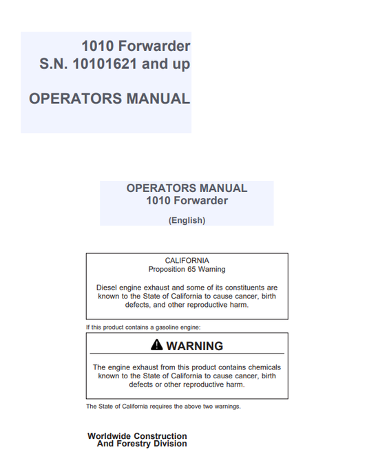 JOHN DEERE 1010 FORWARDER OPERATOR MANUAL F041519