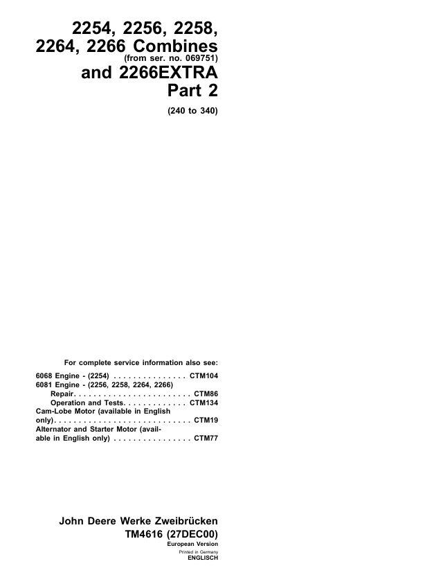 JOHN DEERE 2254, 2256, 2258, 2264, 2266 EXTRA COMBINE TECHNICAL MANUAL TM4616