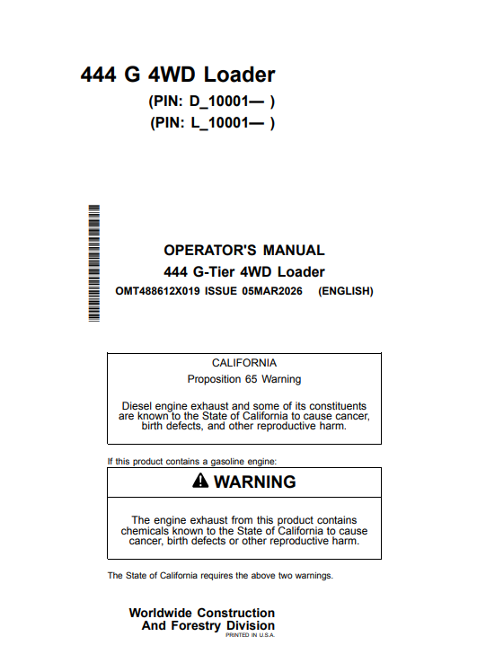JOHN DEERE 444 G-TIER 4WD LOADER OPERATOR MANUAL OMT488612X019