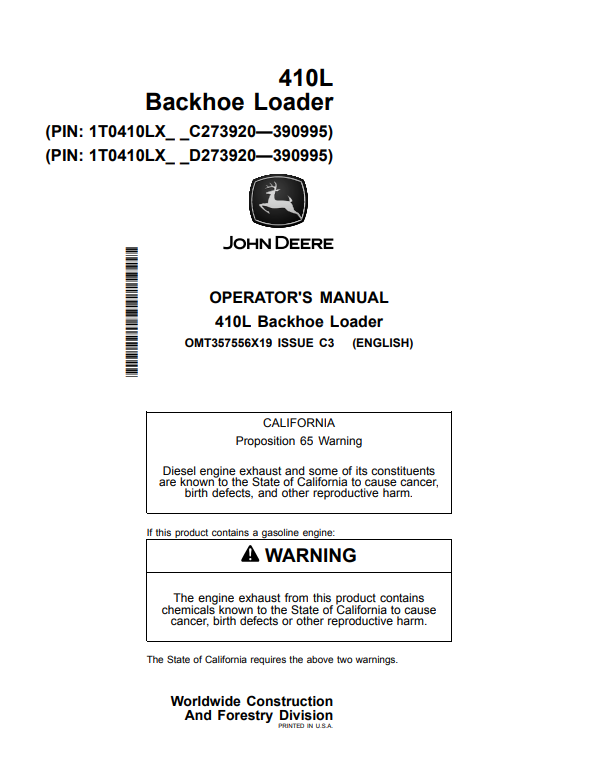 JOHN DEERE 410L BACKHOE LOADER OPERATOR MANUAL OMT357556X19