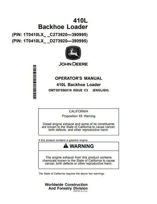 JOHN DEERE 410L BACKHOE LOADER OPERATOR MANUAL OMT357556X19