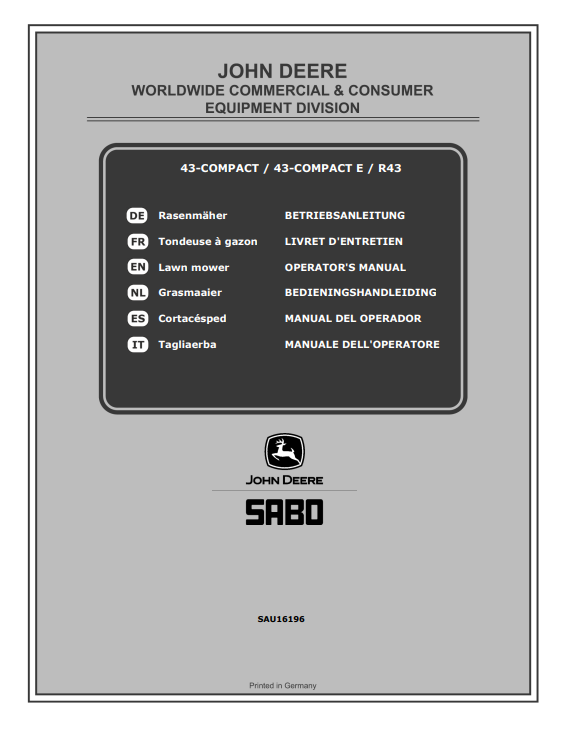 JOHN DEERE 43-COMPACT, 43-COMPACT E, R43 LAW MOWERS OPERATOR MANUAL SAU16196