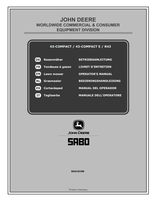 JOHN DEERE 43-COMPACT, 43-COMPACT E, R43 LAW MOWERS OPERATOR MANUAL SAU16196