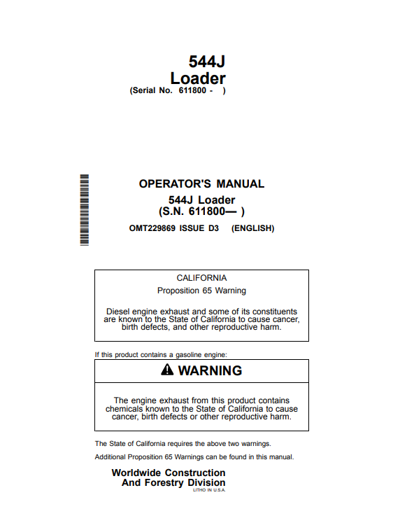 JOHN DEERE 544J LOADER OPERATOR MANUAL OMT229869