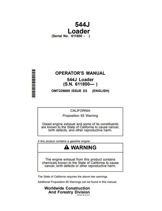 JOHN DEERE 544J LOADER OPERATOR MANUAL OMT229869