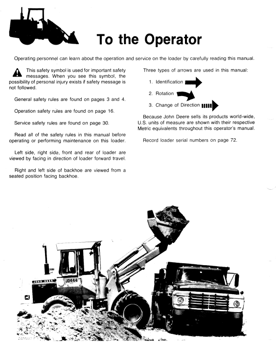 JOHN DEERE JD444 LOADER OPERATOR MANUAL OMT68747