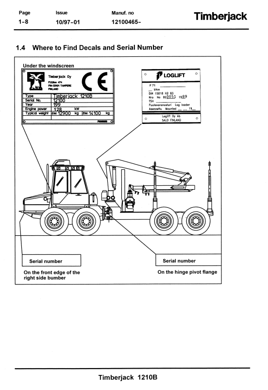 JOHN DEERE TIMBERJACK 1210B FORWARDER OPERATOR AND MAINTENANCE MANUAL F040079