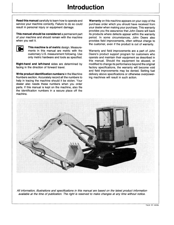JOHN DEERE 50 EXCAVATOR OPERATOR MANUAL OMT107066