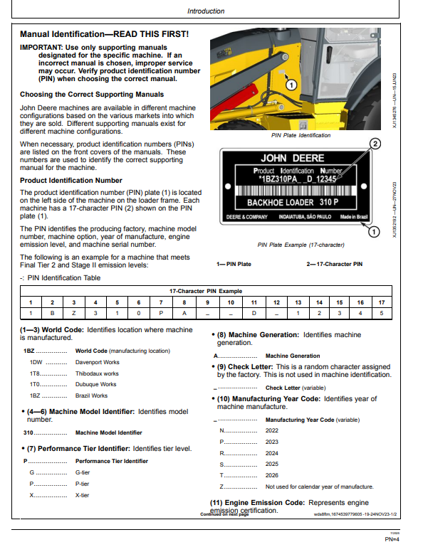 JOHN DEERE 310 P BACKHOE LOADER OPERATOR MANUAL OMT482999X019