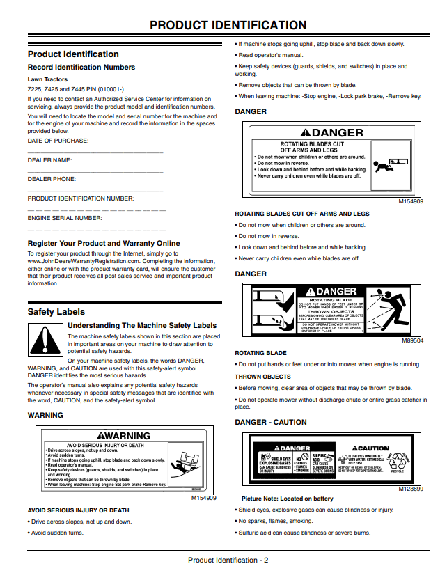 JOHN DEERE Z225, Z425, Z445 EZTRAK OPERATOR MANUAL OMM154566
