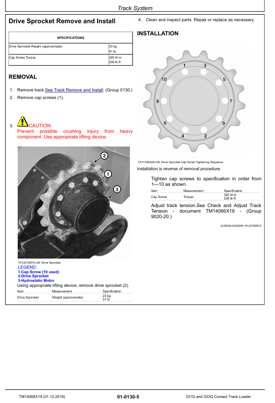 JOHN DEERE 331G, 333G COMPACT TRACK LOADER REPAIR MANUAL TM14068X19