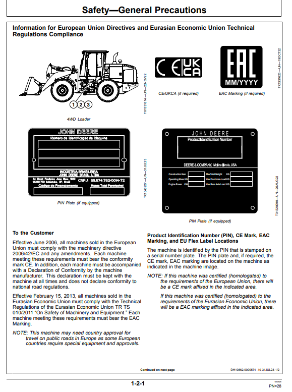 JOHN DEERE 444 G-TIER 4WD LOADER OPERATOR MANUAL OMT488612X019