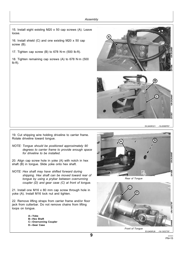 JOHN DEERE 945, 955 CENTER PIVOT ROTARY MOWER CONDITIONER PRE DELIVERY INSTRUCTION MANUAL PDIE94122