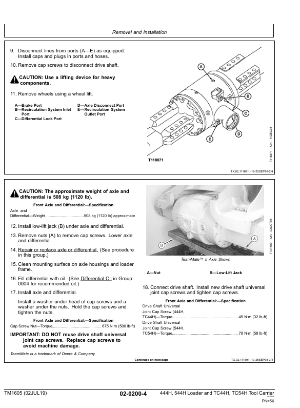 JOHN DEERE 444H, 544H 4WD LOADER TC44H, TC54H TOOL CARRIER LOADER REPAIR TECHNICAL MANUAL TM1605