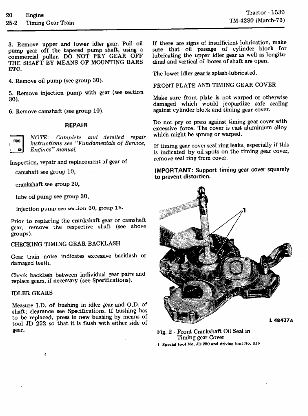 JOHN DEERE 1530 TRACTOR TECHNICAL MANUAL TM4280
