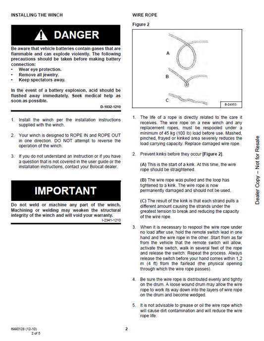 6990128 Bobcat Utility Vehicle Winch Operation & Installation Guide