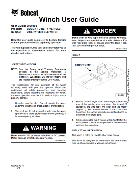 6990128 Bobcat Utility Vehicle Winch User Guide & Manual PDF