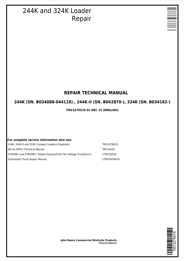 JOHN DEERE 244K, 224K-II, 324K LOADER REPAIR TECHNICAL MANUAL TM13279X19