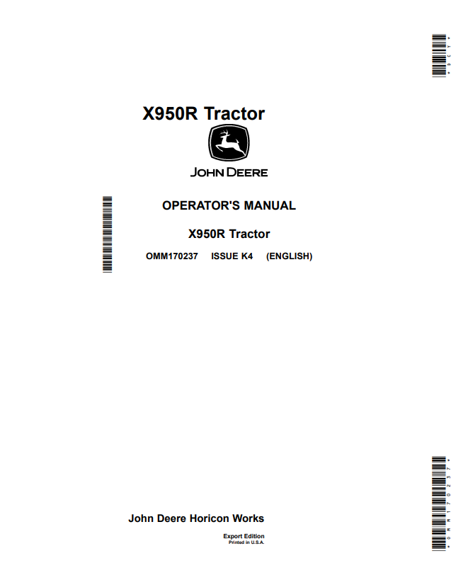 JOHN DEERE X950R TRACTOR OPERATOR MANUAL OMM170237