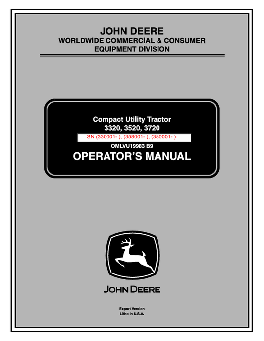 JOHN DEERE 3320, 3520, 3720 COMPACT UTILITY TRACTOR OPERATOR MANUAL OMLVU19983