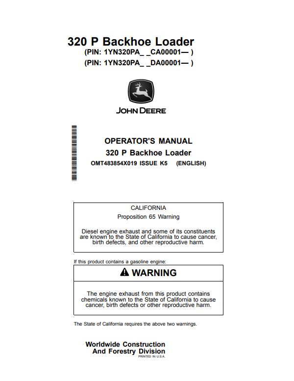 JOHN DEERE 320 P BACKHOE LOADER OPERATOR MANUAL OMT483854X019