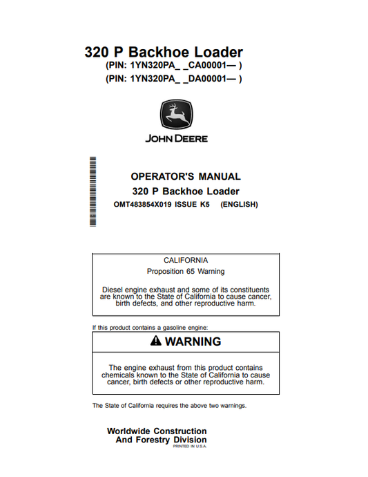 JOHN DEERE 320 P BACKHOE LOADER OPERATOR MANUAL OMT483854X019