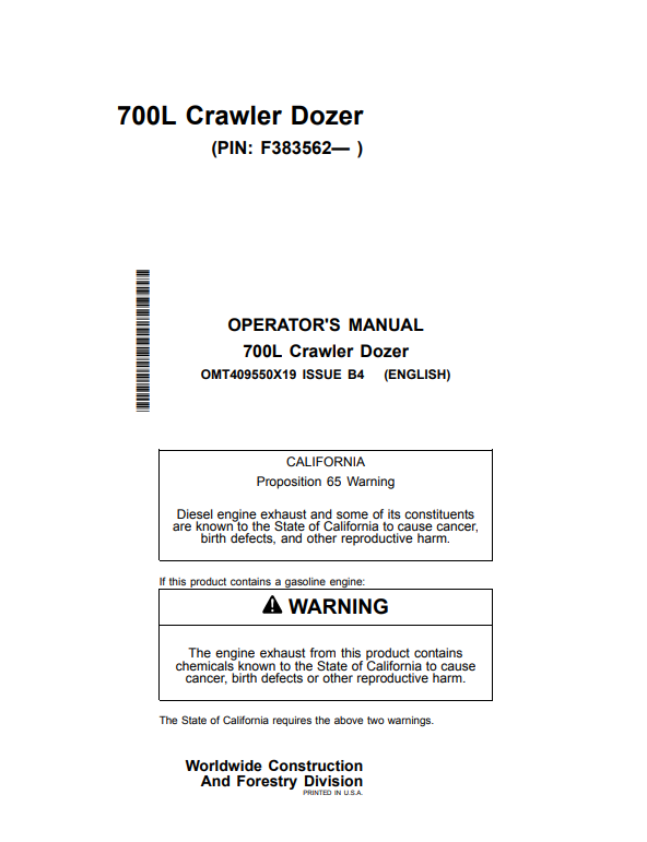 JOHN DEERE 700L CRAWLER DOZER OPERATOR MANUAL OMT409550X19