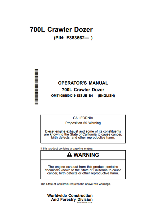 JOHN DEERE 700L CRAWLER DOZER OPERATOR MANUAL OMT409550X19