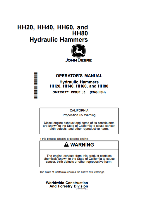 JOHN DEERE HH20, HH40, HH60, AND HH80 HYDRAULIC HAMMER OPERATOR MANUAL OMT292171