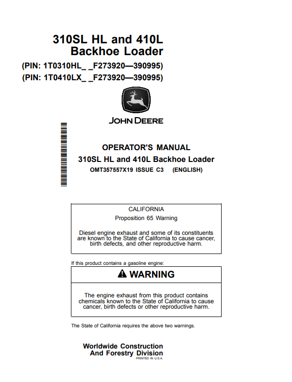 JOHN DEERE 310SL HL, 410L BACKHOE LOADER OPERATOR MANUAL OMT357557X19