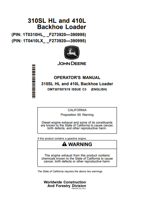 JOHN DEERE 310SL HL, 410L BACKHOE LOADER OPERATOR MANUAL OMT357557X19