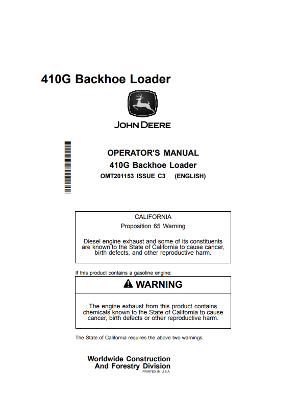 JOHN DEERE 410G BACKHOE LOADER OPERATOR MANUAL OMT201153